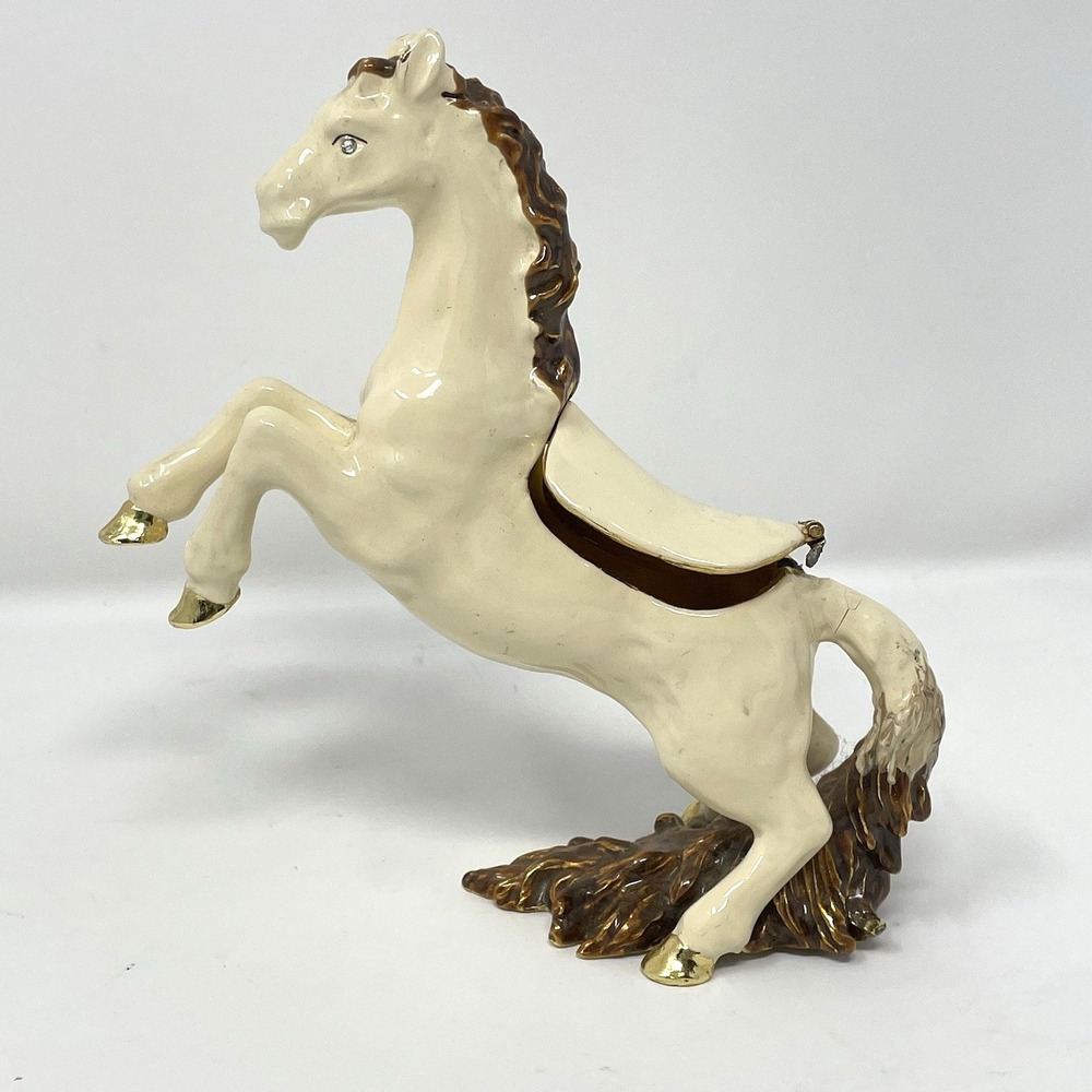Vintage Enamel Rearing Horse Trinket Box White Stallion Jeweled Eye - AS IS